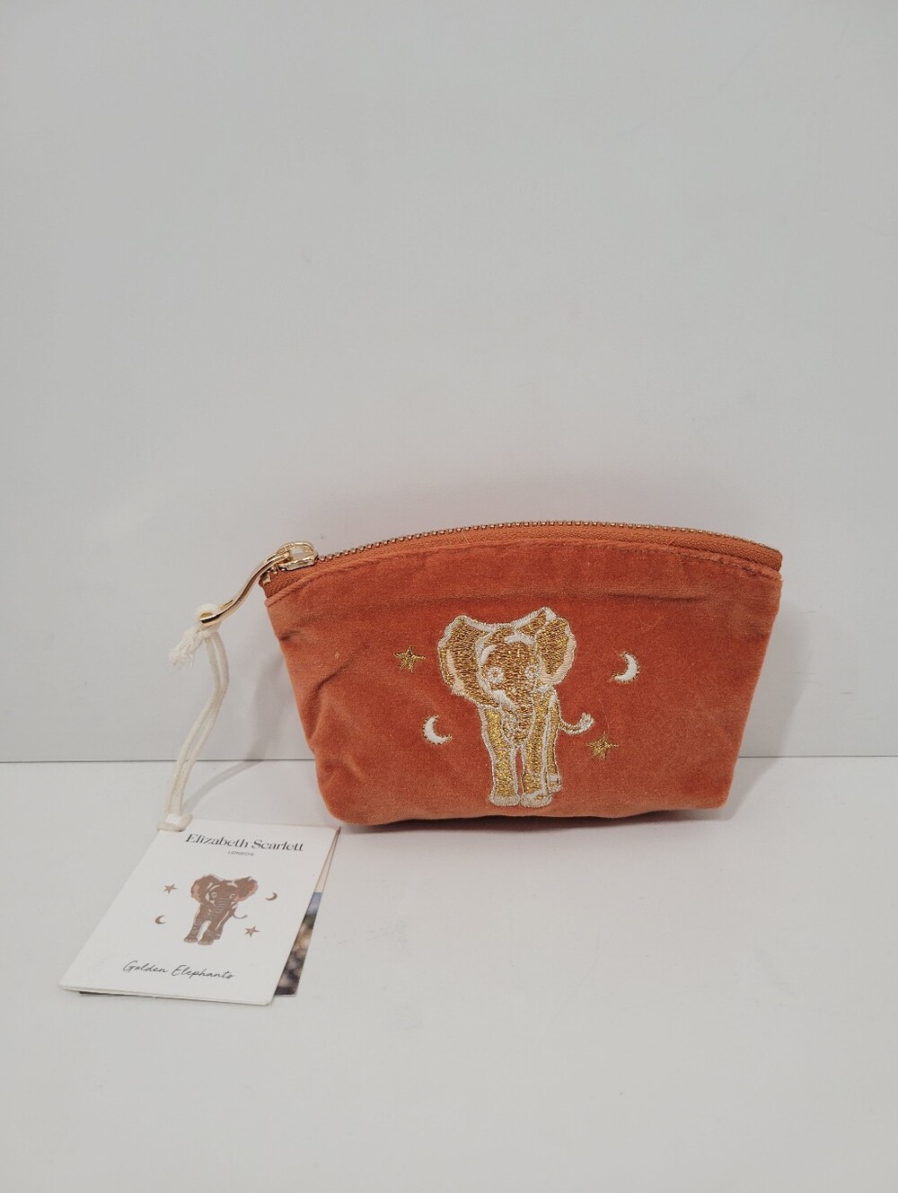 Elizabeth Scarlett Orange Embroidered Elephant Velvet Makeup Bag New Limited
